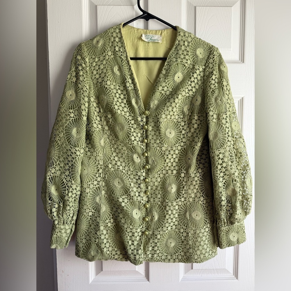 Vintage Lee Jordan Lace Crochet Jacket Blouse Sage Green Button Front Cottagecor